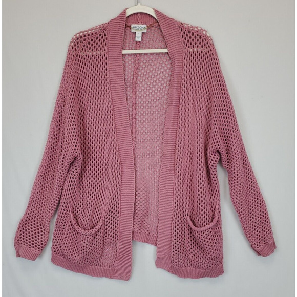 Arizona Jean Open Cardigan Fishnet Sweater Women L Pointelle Pink Pockets - Picture 4 of 11